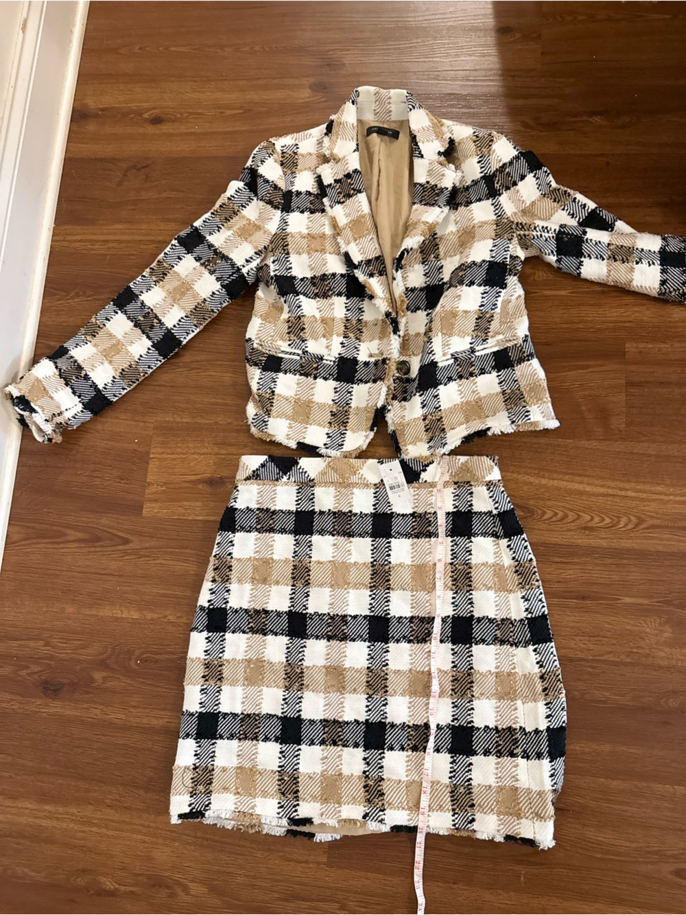 Ann Taylor Beige Black and White Plaid Tweed Skirt Set